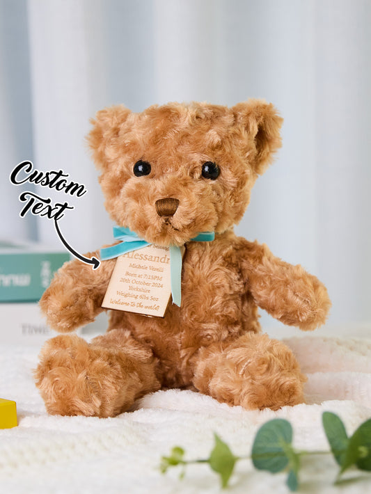 Personalised Birth Announcement Bear plush, front view with embroidered name, date, time, weight and length — newborn keepsake