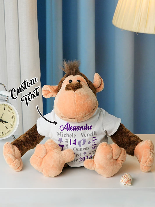 Personalised baby gift — front view of custom animal plush toy with personalised head, ideal birth announcement keepsake (20cm x 35cm)