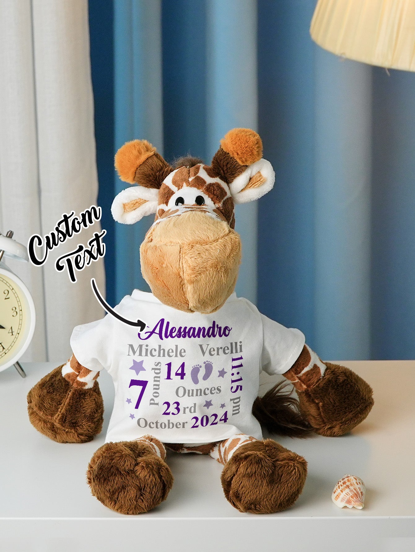 Personalised animal plush toy styled with newborn props — ideal custom gift for newborns and christenings