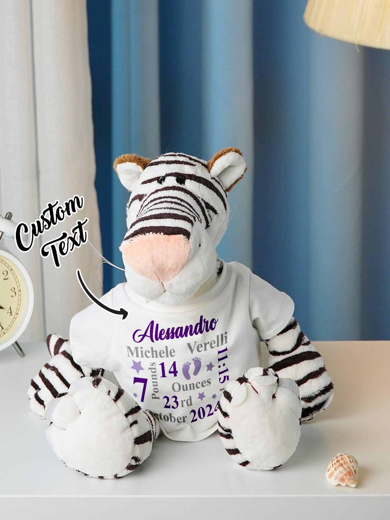 Side profile of custom animal plush toy highlighting soft contours and nursery-ready design — personalised birth announcement present