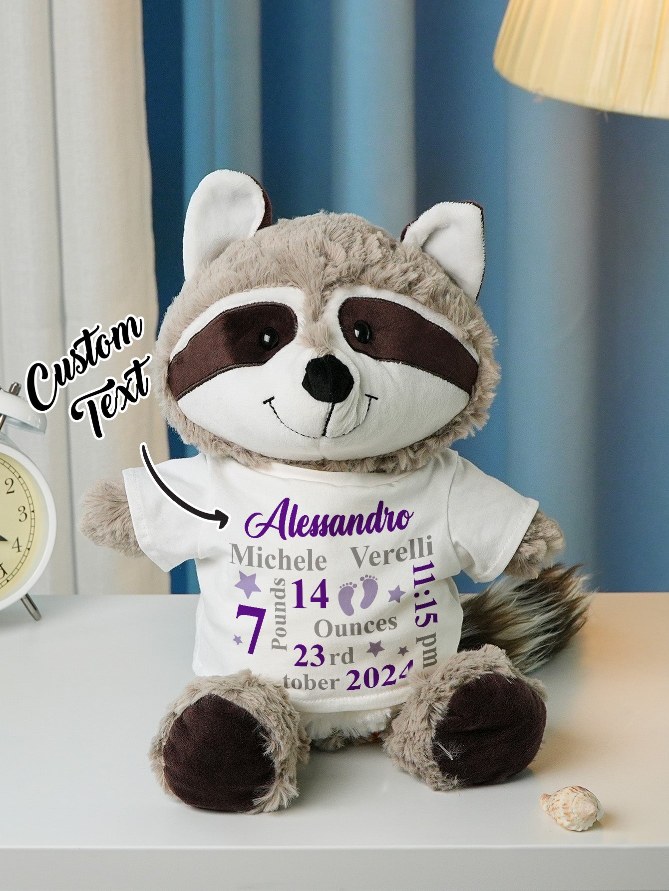 Detail of plush clothing and personalised text area ready for name or short quote — custom birth announcement keepsake