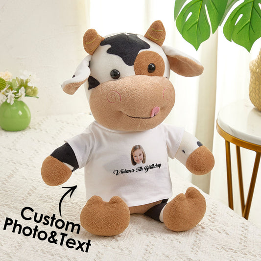 Personalised cow plush teddy with custom name and printed photo face — soft cuddly gift 31×40cm