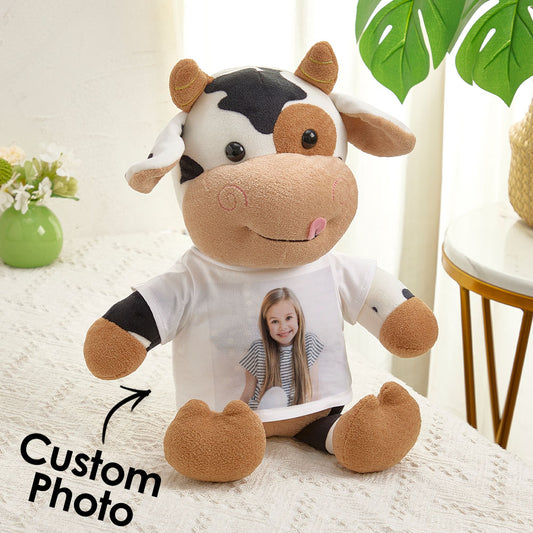 Personalised cow plush with custom photo on belly, 31 x 40 cm soft toy filled with PP cotton — personalised photo gift for kids
