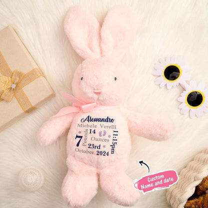 Grey personalised bunny plush detail shot highlighting plush material and stitched custom name