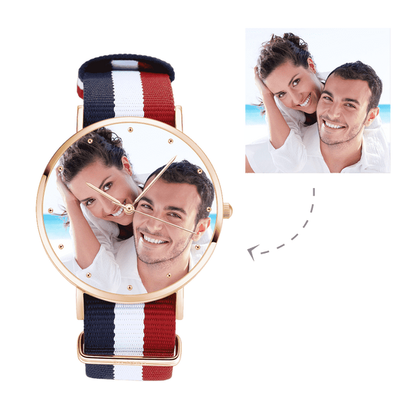 Custom Engraved Rose Gold Photo Watch with Nylon Strap - Personalised Unisex Gift