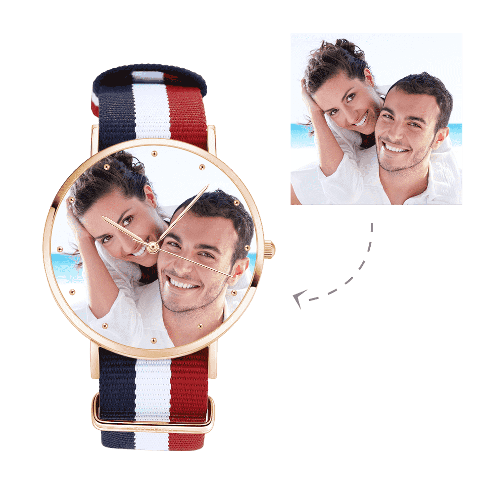 Custom Engraved Rose Gold Photo Watch with Nylon Strap - Personalised Unisex Gift