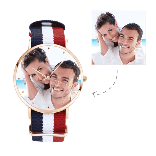 Custom Engraved Rose Gold Photo Watch with Nylon Strap - Personalised Unisex Gift
