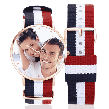 Custom Engraved Rose Gold Photo Watch with Nylon Strap - Personalised Unisex Gift
