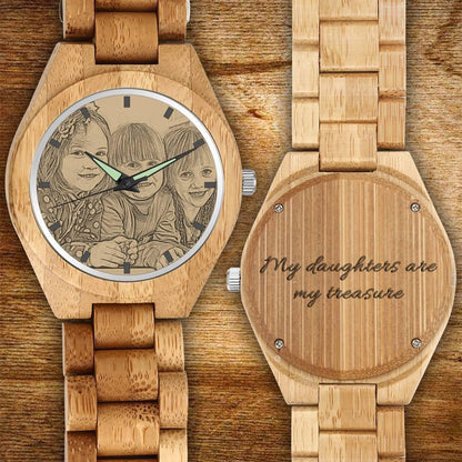 Personalised engraved wooden men's photo watch 45mm — front view with custom photo printed on the dial, bamboo bezel and wooden strap