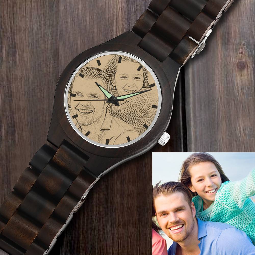 Three personalised engraved wooden men's photo watches 45mm side-by-side displaying bamboo, zebrawood and ebony wood options