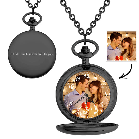 Closed personalised engravable pocket watch with custom photo cover and chain – perfect gift for him & her