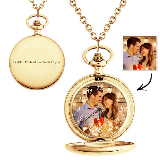Closed personalised engravable pocket watch with custom photo cover and chain – perfect gift for him & her