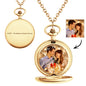Closed personalised engravable pocket watch with custom photo cover and chain – perfect gift for him & her