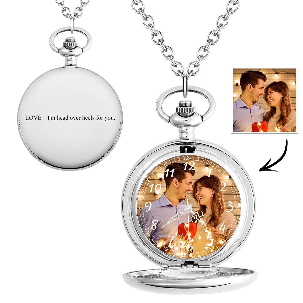 Open personalised pocket watch displaying custom photo and classic watch face – custom photo personalised engravable pocket watch