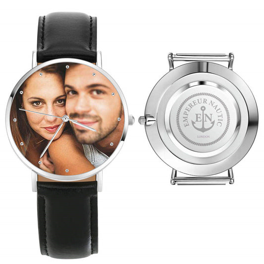 Front view of 40mm personalised genuine leather photo watch for men with printed photo dial and brown leather strap