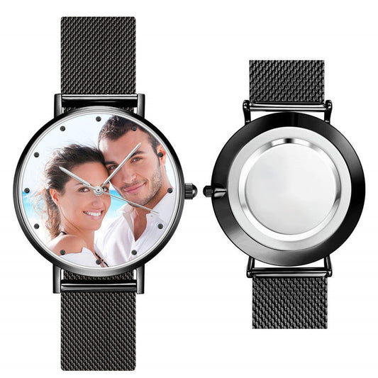 Personalised photo watch front view with custom printed photo on the dial unisex 36mm 40mm alloy strap gift