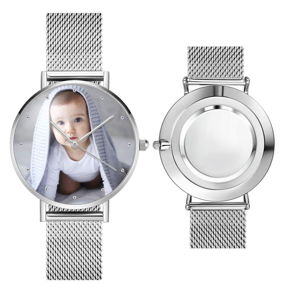Alloy strap close up showing adjustable links brushed metal finish on personalised engraved watch unisex gift