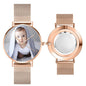 Personalised photo watch angled view showing rose gold finish and laser engraved case back custom engraved keepsake