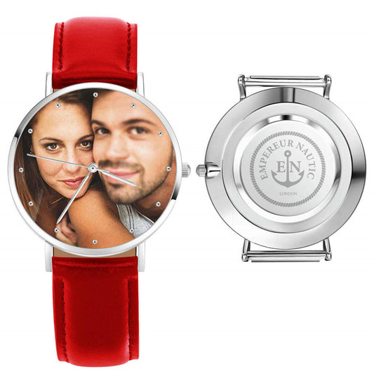 Front view of 40mm personalised genuine leather photo watch for men with printed photo dial and brown leather strap