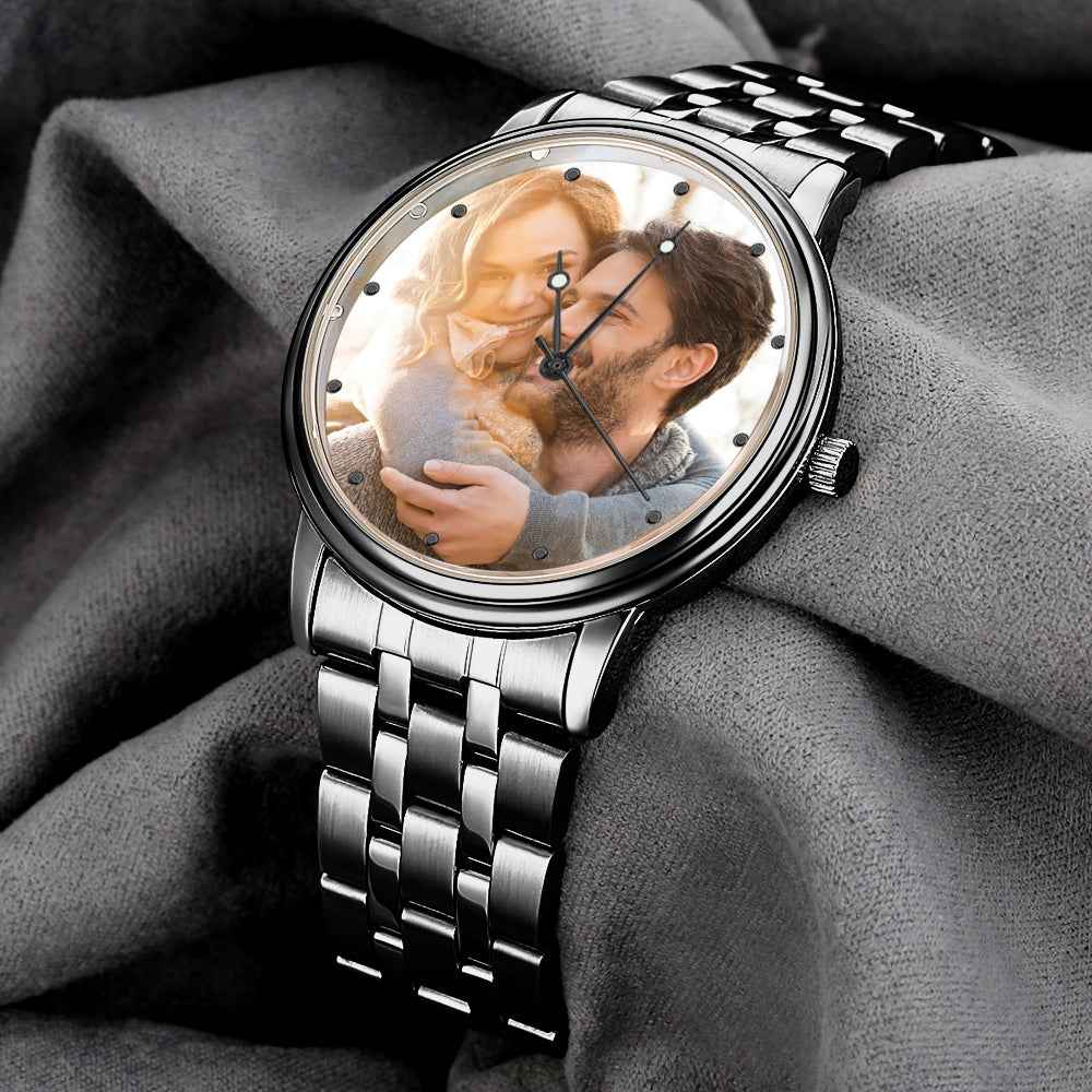 Engraved Men's Black Alloy Bracelet Photo Watch QR Code Watch 38mm Men's Gifts