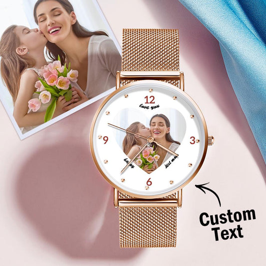 Personalised rose gold 36mm photo watch for mum with engraved bracelet and crisp laser-engraved family photo on the dial — perfect Mother's Day gift