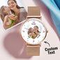 Personalised rose gold 36mm photo watch for mum with engraved bracelet and crisp laser-engraved family photo on the dial — perfect Mother's Day gift
