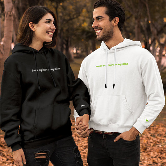 Personalised embroidered 'Heart On My Sleeve' unisex hoodie front view showing embroidered heart on sleeve and custom text — matching couple gift