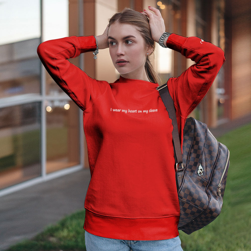Flat-lay of personalised round-neck hoodie highlighting embroidered heart motif and custom text option – engraved gifts for wife or girlfriend
