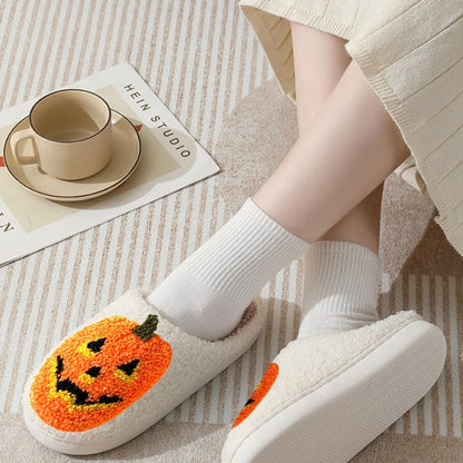 Halloween Pumpkin Slippers — plush cotton-linen home shoes, front view of orange pumpkin pair with cosy sponge lining