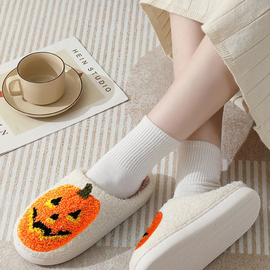 Halloween Pumpkin Slippers — plush cotton-linen home shoes, front view of orange pumpkin pair with cosy sponge lining