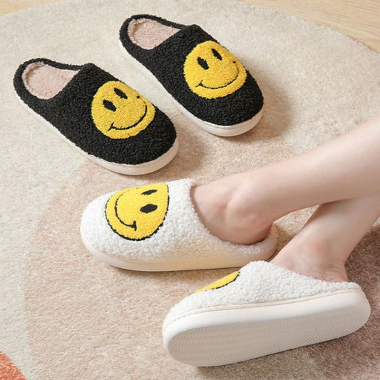 Smiley Face Fuzzy Cotton Slippers — fluffy cosy unisex house slippers with plush upper and non-slip PVC rubber sole