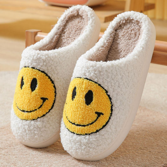 Smiley Face Fuzzy Cotton Slippers — fluffy cosy unisex house slippers with plush upper and non-slip PVC rubber sole