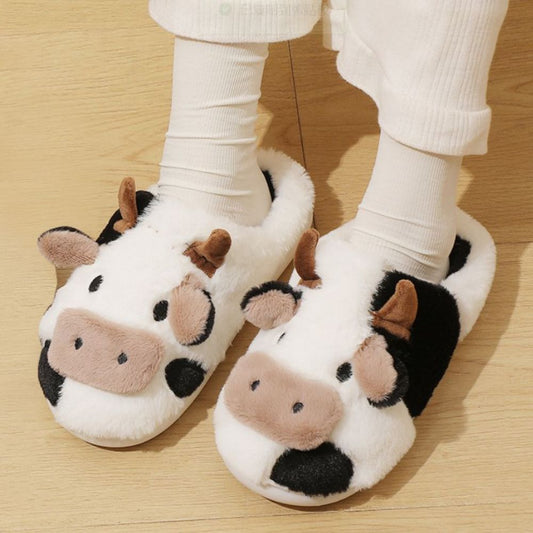 Cow cotton cartoon animal slippers — cosy fluffy EVA house slippers with anti-slip rubber sole