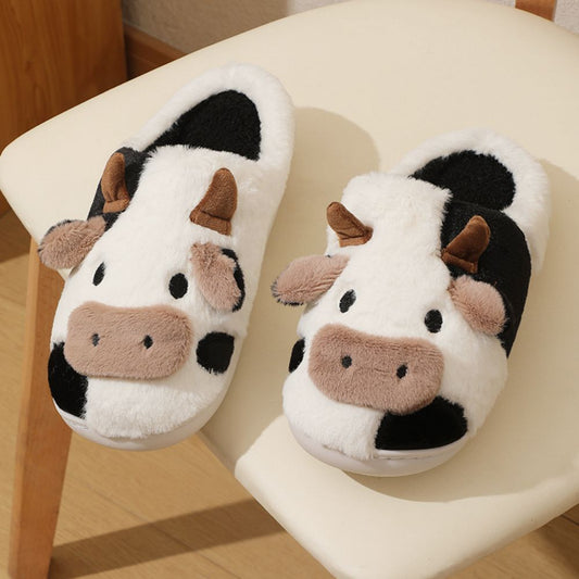 Cow cotton cartoon animal slippers — cosy fluffy EVA house slippers with anti-slip rubber sole