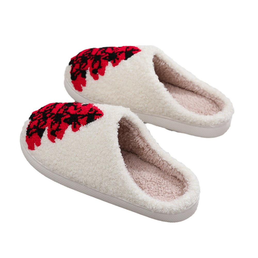 Side view of cosy red plush slip‑ons showing easy slip‑on opening and cushioned footbed — ideal festive lounge footwear