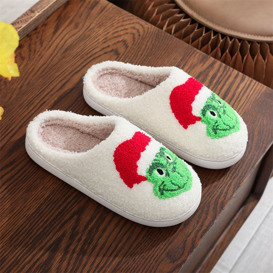 Front view of Christmas Grinch cotton plush slippers — cosy slip‑on home shoes with padded insole