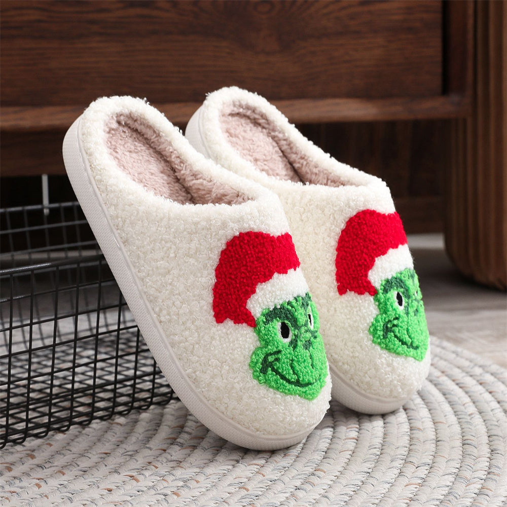 Side profile of Grinch cotton plush slippers highlighting cushioned padded inner sole and cosy plush upper