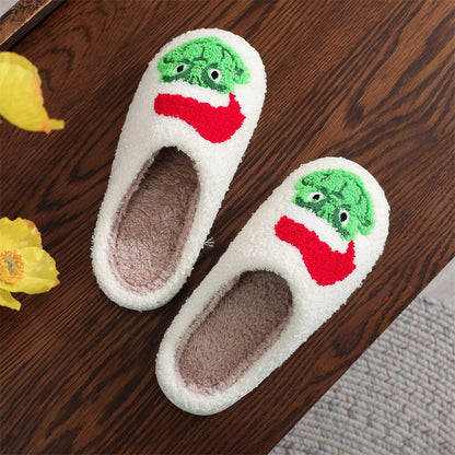 Front view of Christmas Grinch cotton plush slippers — cosy slip‑on home shoes with padded insole
