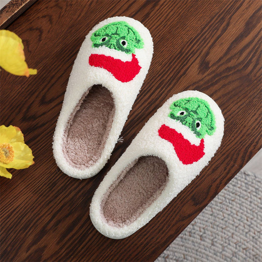 Front view of Christmas Grinch cotton plush slippers — cosy slip‑on home shoes with padded insole