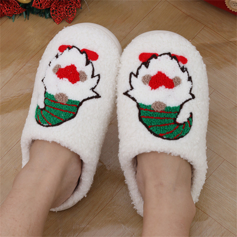 Lifestyle image of wearing faceless gnome slippers indoors, cosy festive scene – ideal Christmas gift plush home cotton slippers