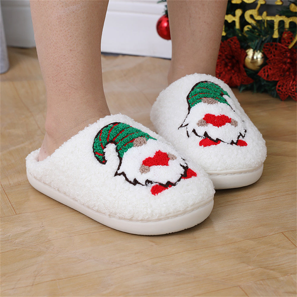 Side view of Christmas faceless gnome slipper highlighting open‑mouth slip‑on fit and durable TPR sole – cosy velvet home slippers