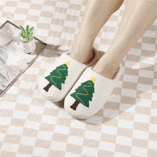 Christmas Tree Cotton Slippers single top view — cosy plush home slipper with festive tree motif and padded inner sole