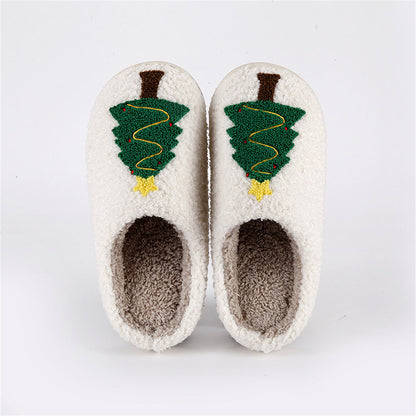 Side profile of Christmas Tree Cotton Slippers showing plush upper and TPR sole for light grip — comfortable backless slippers for family gatherings
