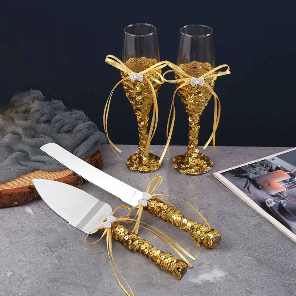 Wedding Wine Glasses Cake Cutting Set Gold Sequin Wine Glasses Champagne Cups