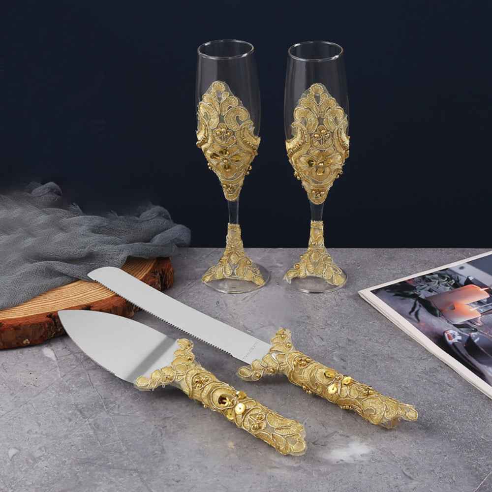 Wedding Wine Glasses Cake Cutting Set Gold Sequin Wine Glasses Champagne Cups