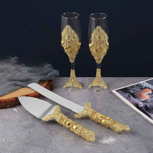 Wedding Wine Glasses Cake Cutting Set Gold Sequin Wine Glasses Champagne Cups