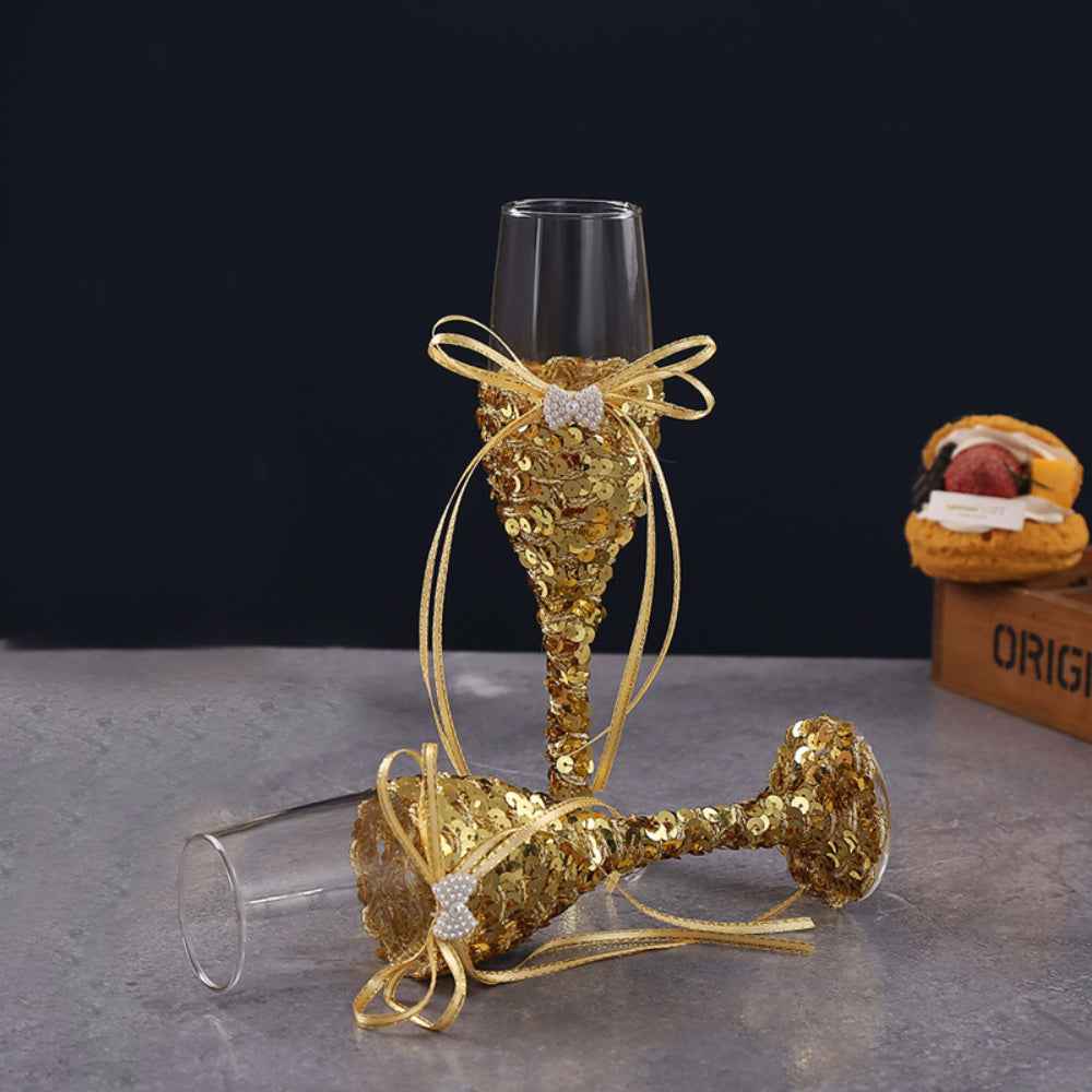 Wedding Wine Glasses Cake Cutting Set Gold Sequin Wine Glasses Champagne Cups