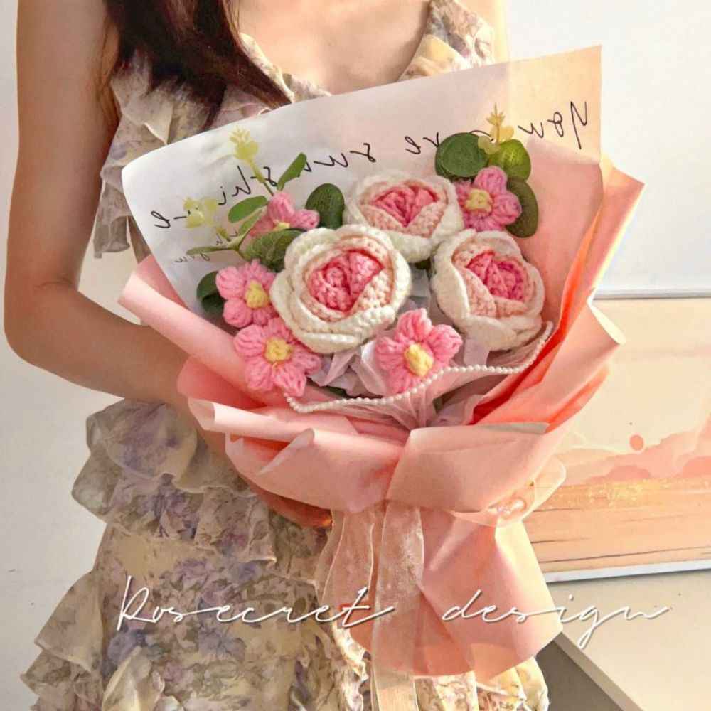 Crochet Flowers Bouquet Handmade Knitted Roses Bouquet Wedding Gift