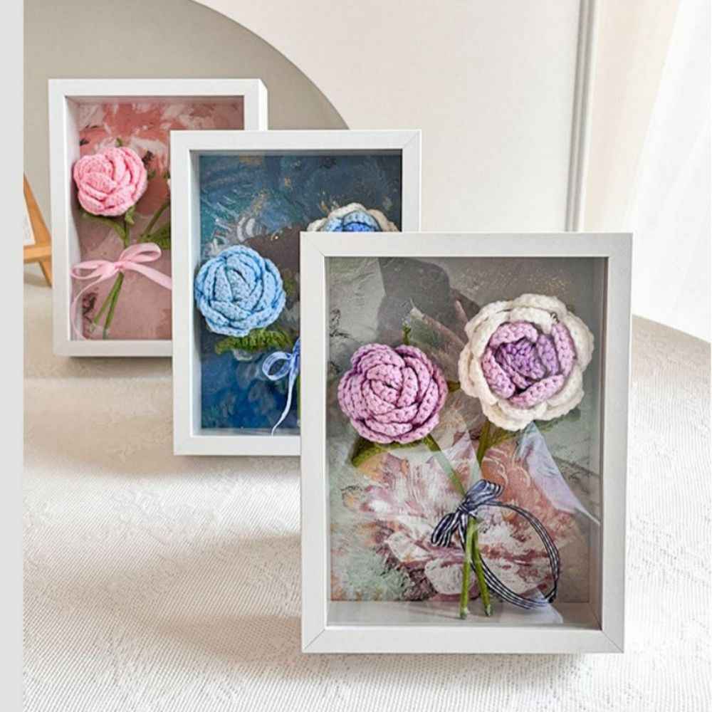 Crochet Bouquets Photo Frame Handmade Knitted Flower Shadowbox Frame Desktop Decoration