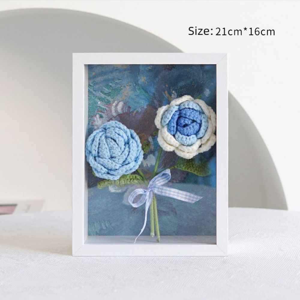 Crochet Bouquets Photo Frame Handmade Knitted Flower Shadowbox Frame Desktop Decoration